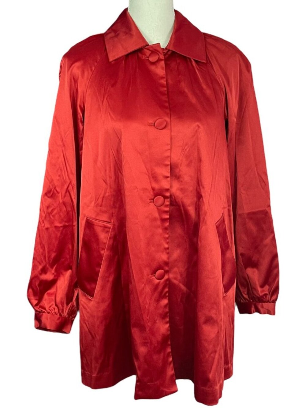 Red Satin Trench Coat XS Oversized Isaac Mizrahi Live Button Pockets Long Bright